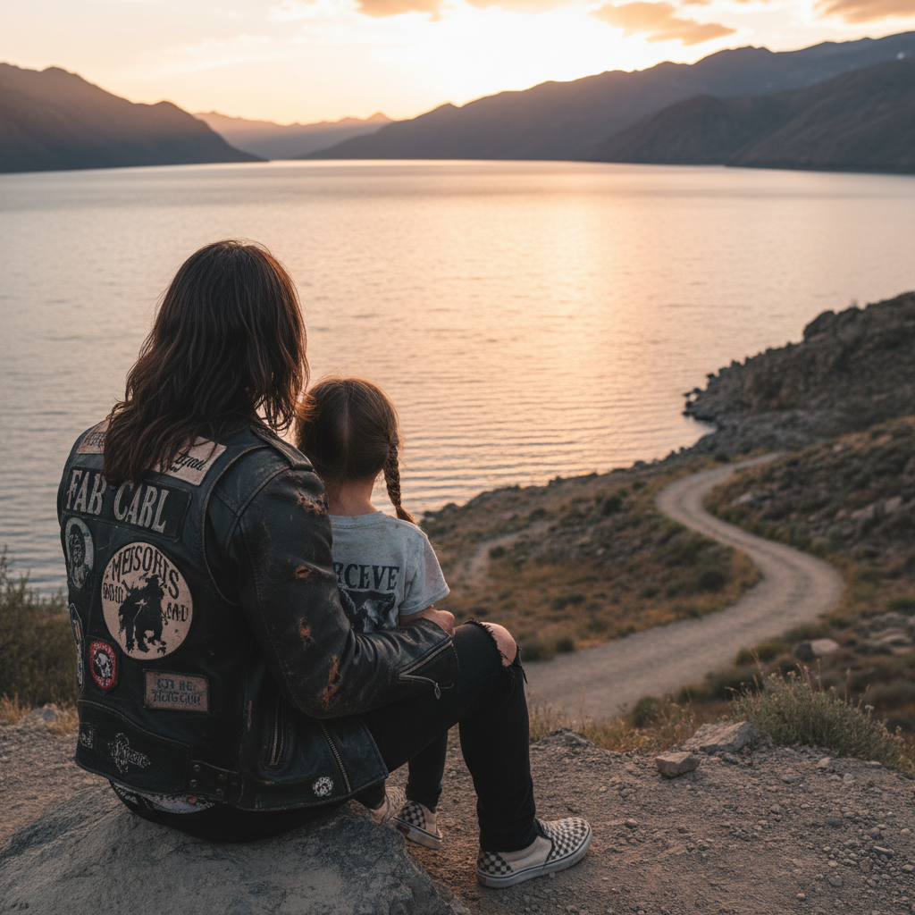 dad with long hair and a rock vibe, sitting from behind with his daughter looking at the water, wearing Vans sneakers instead of boots