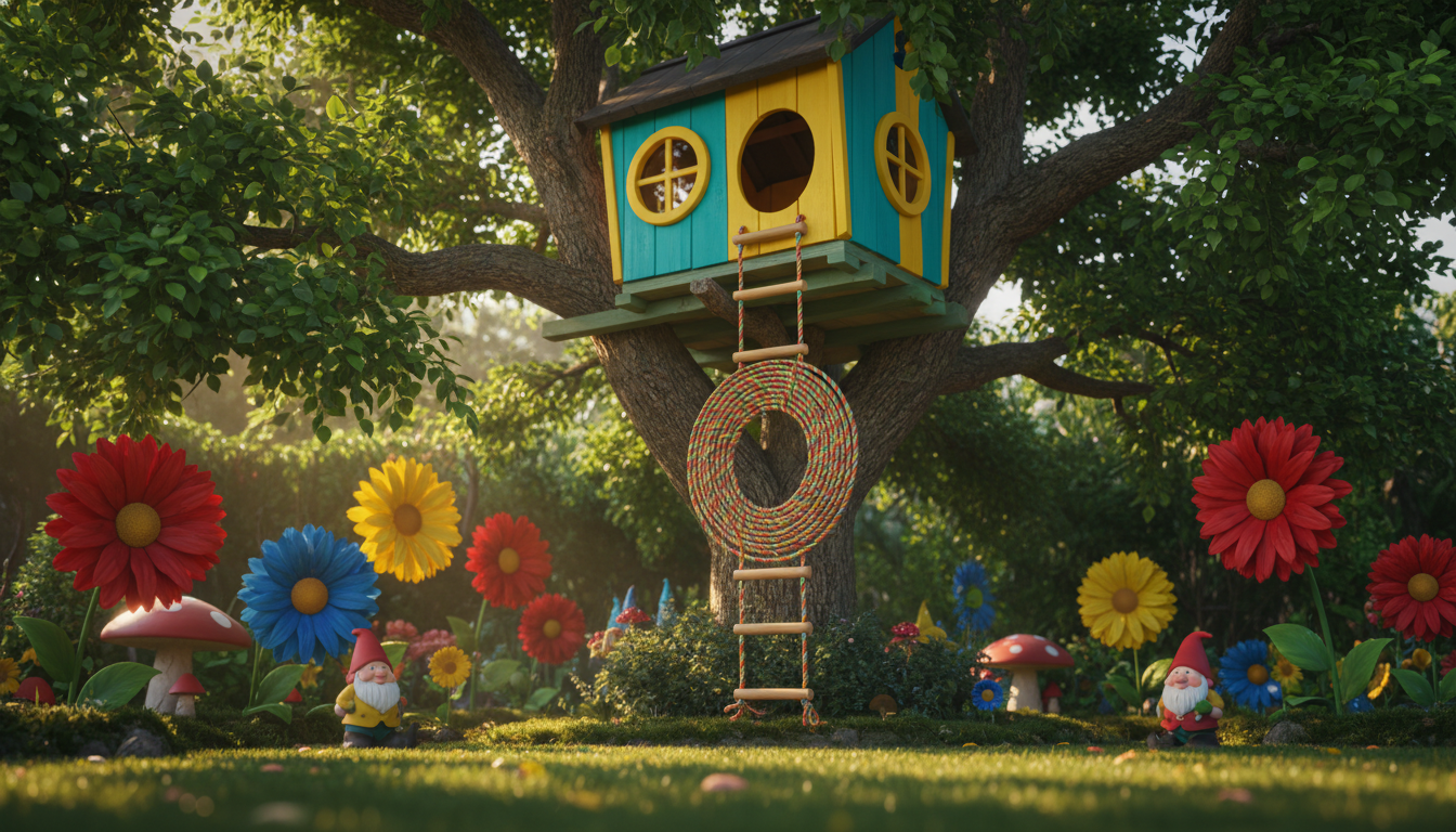 A brightly painted wooden treehouse with whimsical rounded windows, vibrant teal and yellow siding, and coiled rope ladder, nestled among green leafy branches that create a lively canopy. The setting is a lush backyard garden brimming with oversized flowers and playful garden gnomes. Dappled afternoon sunlight filters through leaves, casting energetic spots of light and soft, rounded shadows on the ground below. The mood is playful, joyful, and celebratory, bursting with childlike wonder and imagination. Shot from a slightly low angle to emphasize the treehouse amidst its lively environment, with a shallow depth of field and poppy, saturated colors conveying a photographic, fun, and inviting style. This image captures the essence of adventurous, imaginative play central to raising wise girls.